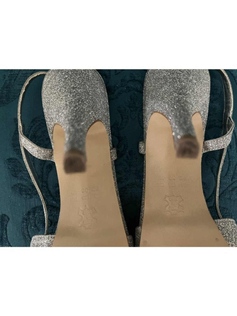 Fernanda Mourão Silver Glitter Slingback Heels Size 9 4.25" Stiletto Open Toe - Picture 6 of 14